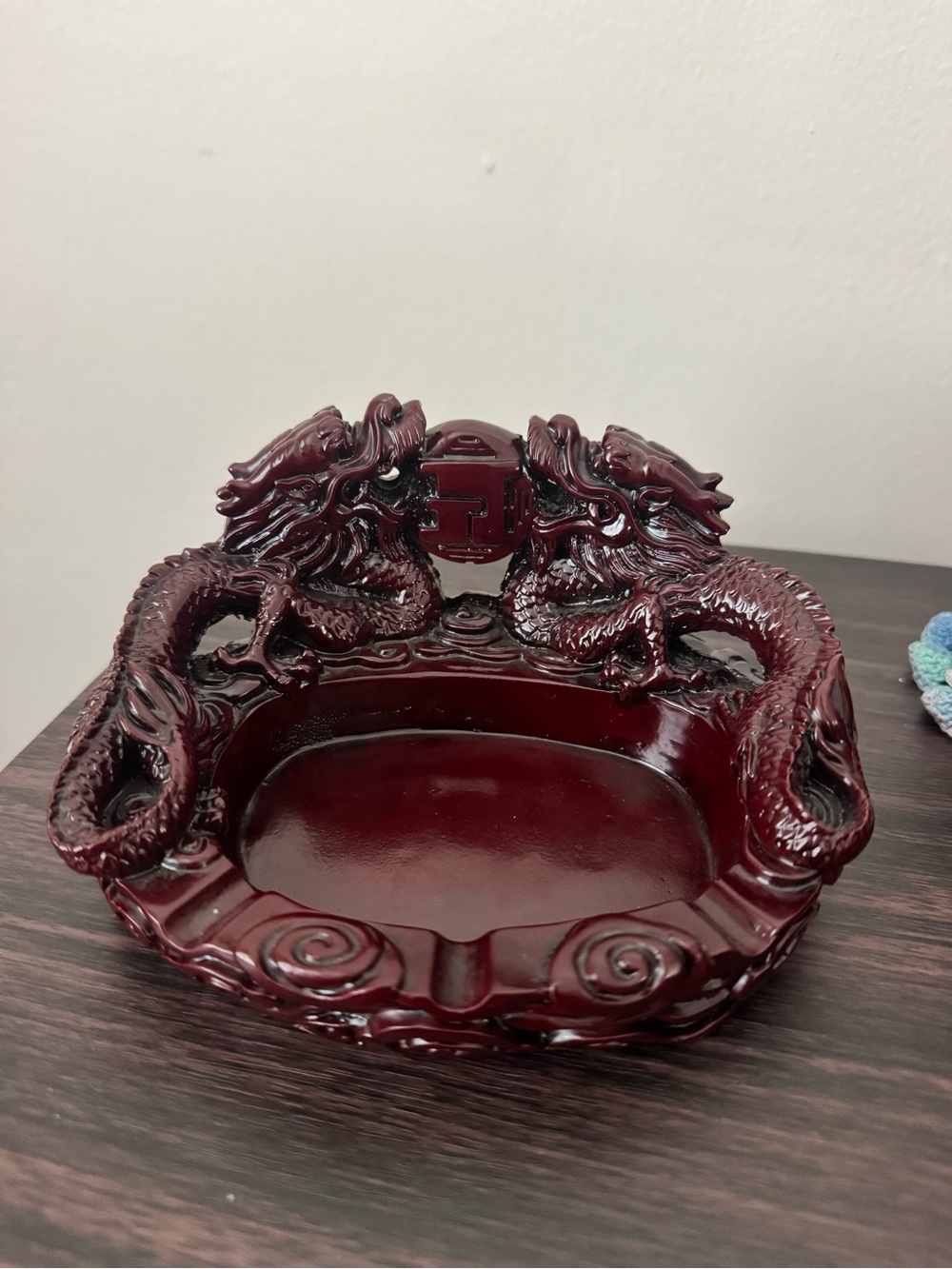 Carved Double Dragon Decorative Bowl - Deep Burgundy